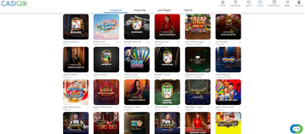 A screenshot of the CasiGO Casino game lobby displaying live dealer games, slots, and roulette titles like Dream Catcher, Blackjack, Crazy Coin Flip, and Adventures Beyond Wonderland.