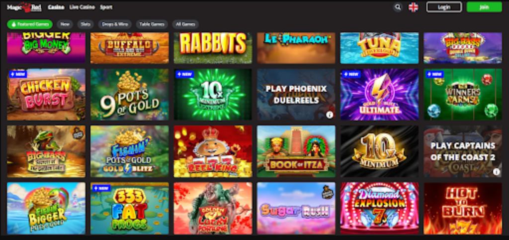 A screenshot of slot games available on MagicRed, a non GamStop casino, featuring titles like Bigger Big Money, 9 Pots of Gold, Chicken Burst, Sugar Rush, and Book of Itza.